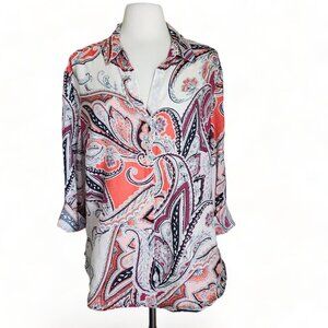 Charter Club 100% Linen Button Front Shirt Top sz XL Paisley Pink Roll Tab Sleev